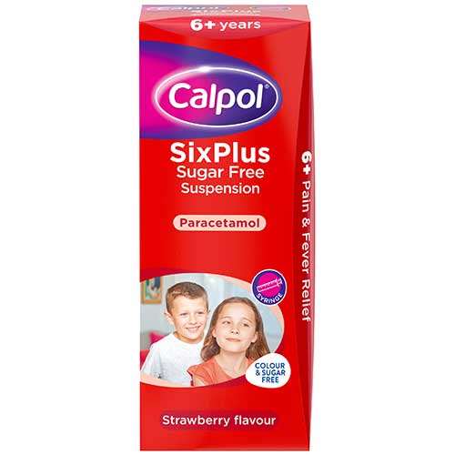 Calpol Six Plus Suspension Colour and Sugar Free Strawberry 200ml 0642