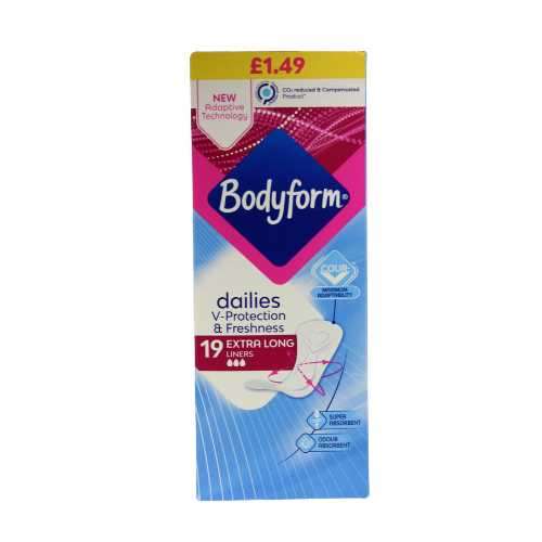 Click to view product details and reviews for Bodyform Dailies Liners Extra Long 19. Click to view product details and reviews for Bodyform Dailies Liners Extra Long 19.