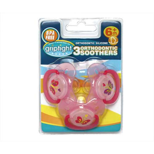 Griptight 3 Orthodontic Soothers PINK with butterfly 6 Months+