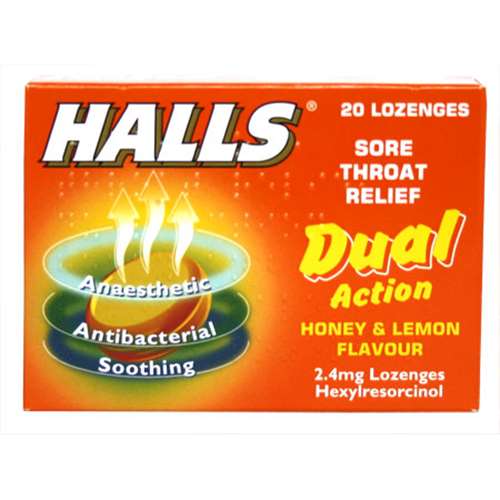 Halls Dual Action Sore Throat Relief Honey and Lemon 20 Lozenges