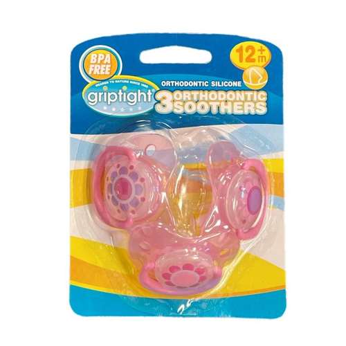 Griptight 3 Orthodontic Soothers Decorated Pink 12m+