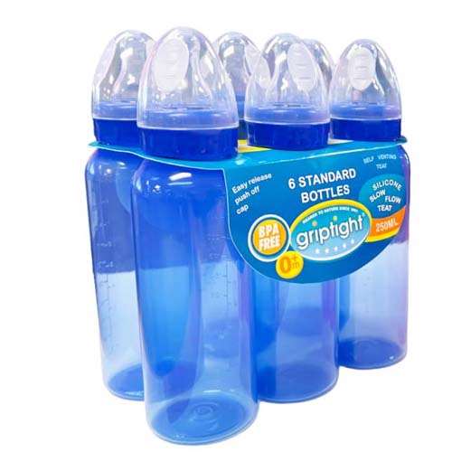 Griptight 6 Pack 250ml Feeding Bottles Blue