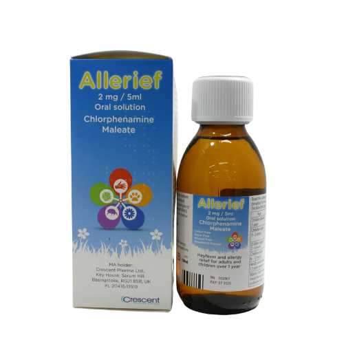 Allerief Chlorphenamine Oral Solution 2mg/5ml 150ml Glass bottle