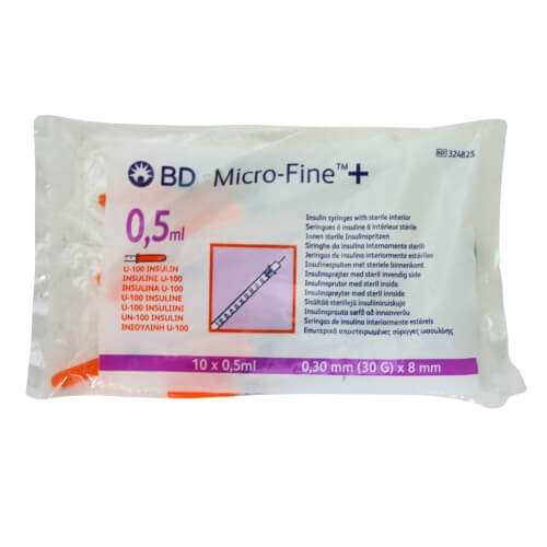 Micro-Fine + Insulin Syringes 10x0.5ml 0.30mm (30G)x8mm REF:324825