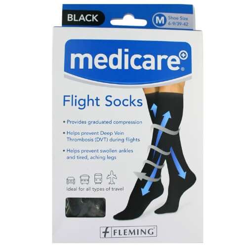 Medicare Flight Socks Black Medium Shoe Size 6-9 39-42